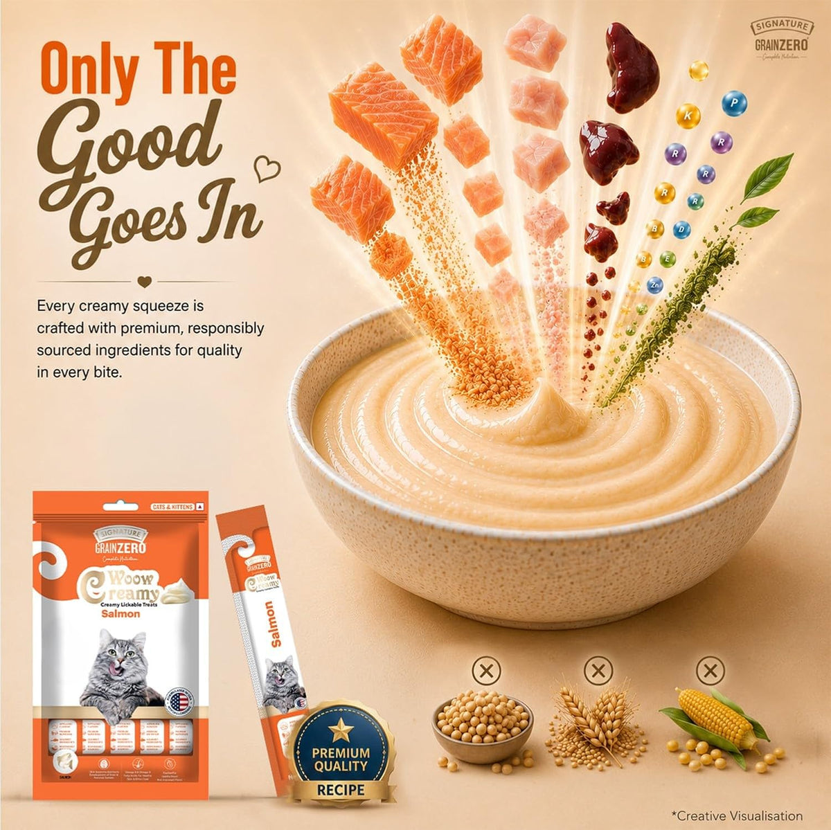 Signature Grain Zero Creamy Lickable Cat Treats Salmon, 360 Gm - 20 Sachet + 4 Free