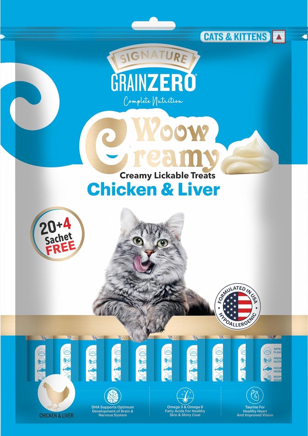 Signature Grain Zero Creamy Lickable Cat Treats Chicken and Liver, 360 Gm - 20 Sachet + 4 Free