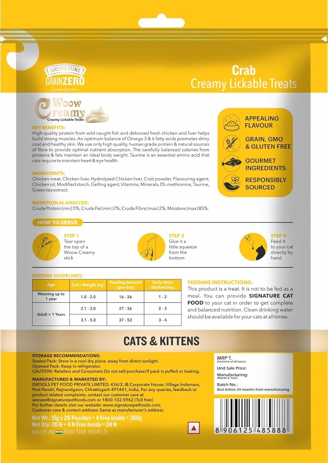 Signature Grain Zero Creamy Lickable Cat Treats Crab, 360 Gm - 20 Sachet + 4 Free