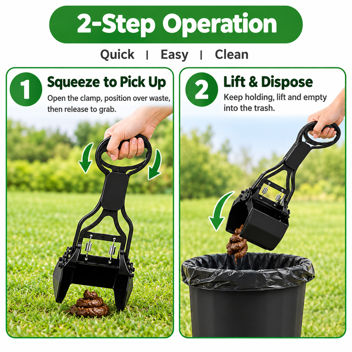 Pinky Paws Medium Poop Scooper with Long Handle, Spring-Loaded Dog Waste Jaw Picker for Lawn, Yard and Pavement Cleaning
