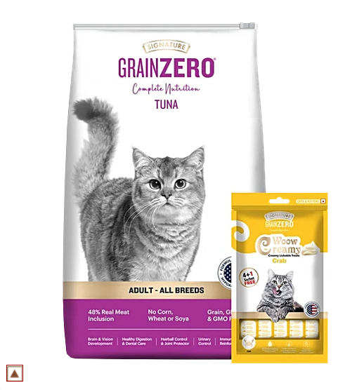 Signature Grain Zero Tuna Adult Dry Cat Food - For All Breeds, 1.2 kg (Free Crab Creamy Lickable Treats, 75 g)