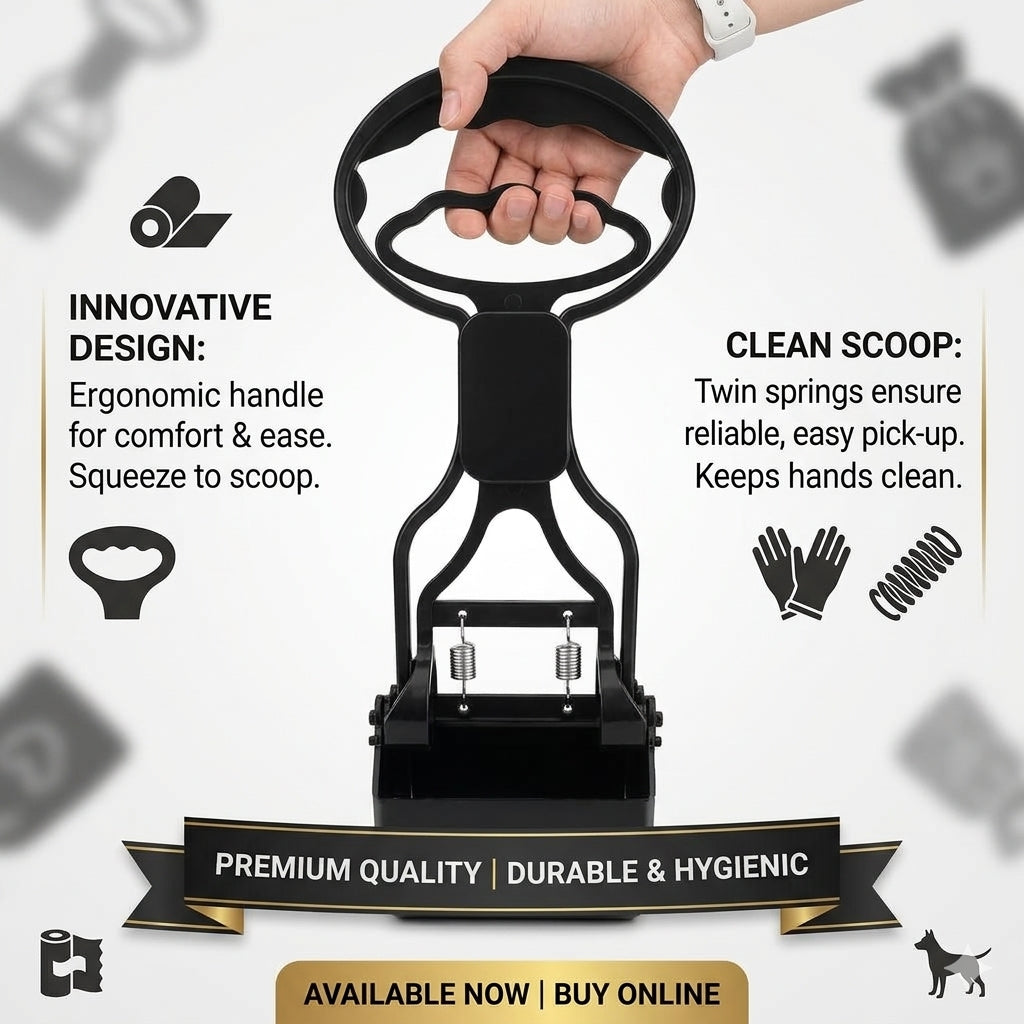 Pinky Paws Medium Poop Scooper with Long Handle, Spring-Loaded Dog Waste Jaw Picker for Lawn, Yard and Pavement Cleaning