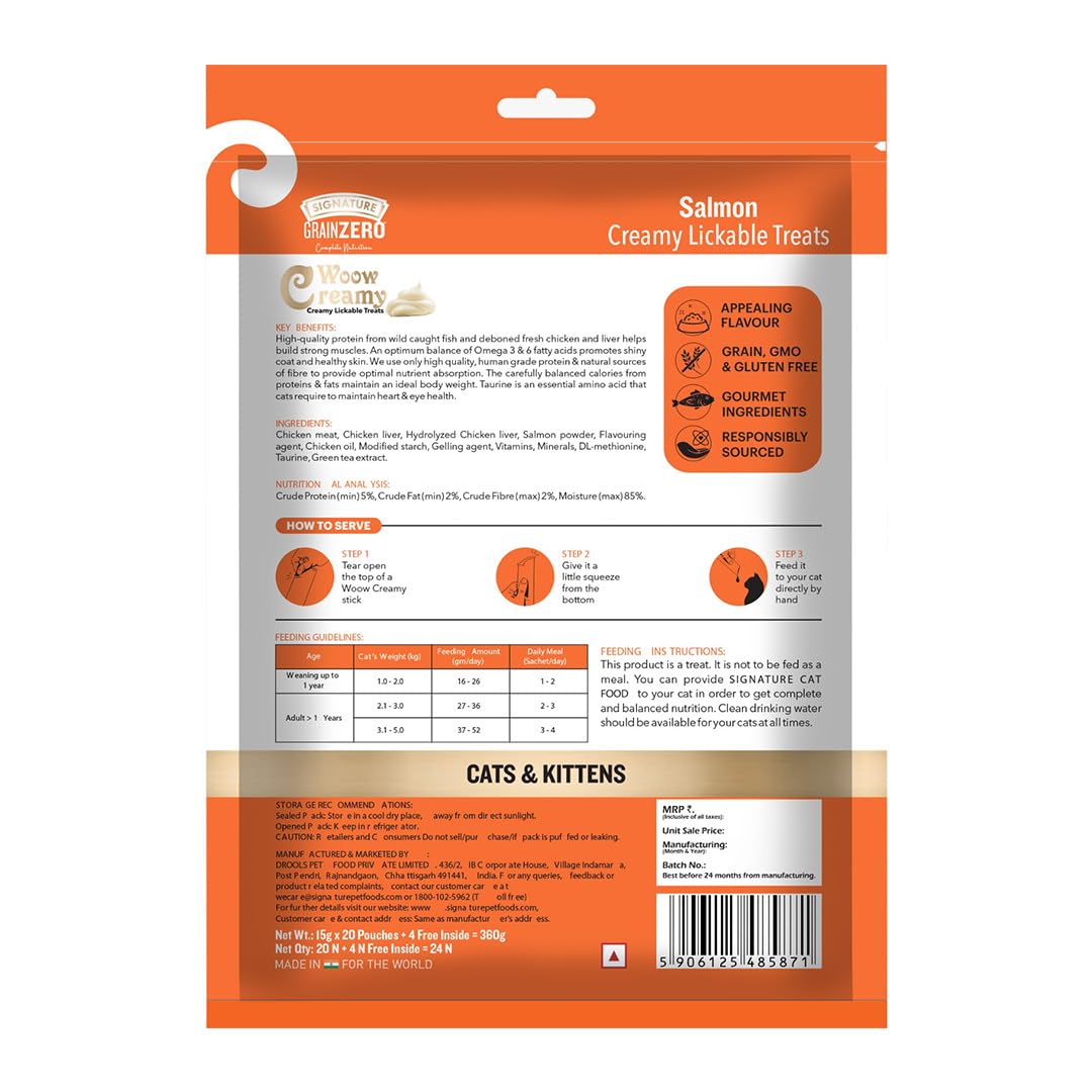 Signature Grain Zero Creamy Lickable Cat Treats Salmon, 360 Gm - 20 Sachet + 4 Free