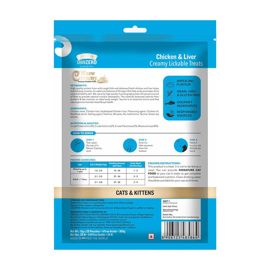 Signature  Grain Zero Creamy Lickable Cat Treats Chicken and Liver, 360 Gm - 20 Sachet + 4 Free