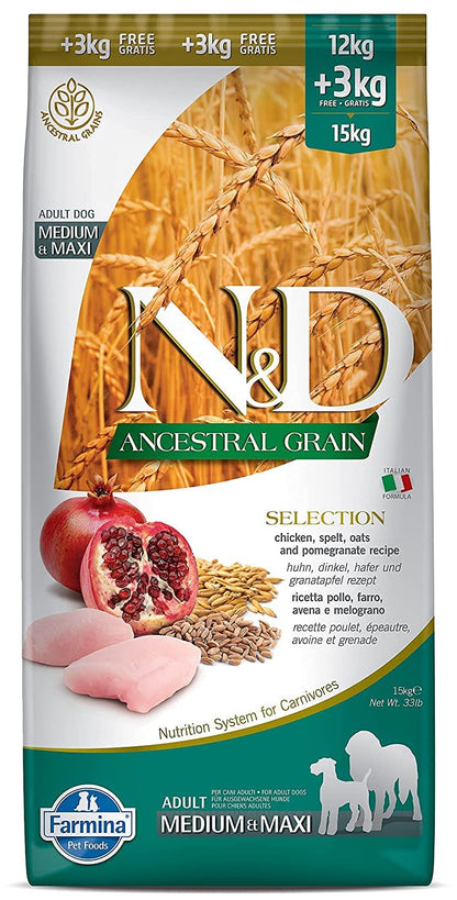 Farmina N&D Ancestral Grain Selection Dry Dog Food, Adult Medium & Maxi Breed, Chicken and Pomegranate (12+3 kg Free)15kg