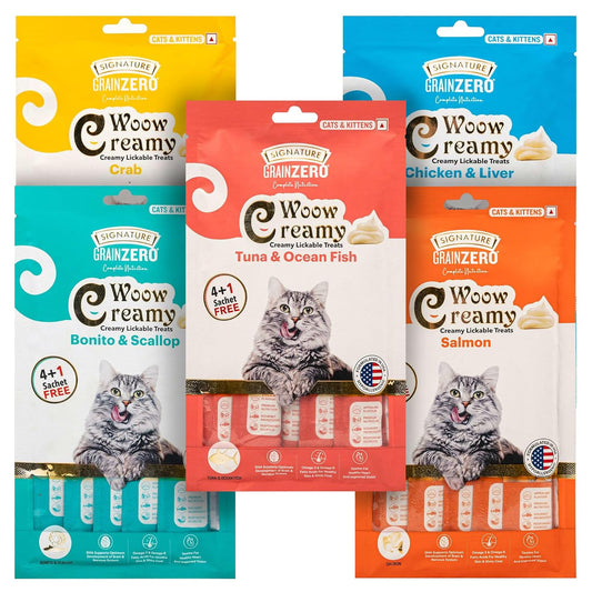 Signature Grain Zero Signature Woow Creamy Lickable Treats For Cat & Kitten Combo - Tuna & Ocean Fish, Chicken & Liver, Salmon, Bonito & Scallop And Crab -(75 Gm Each)