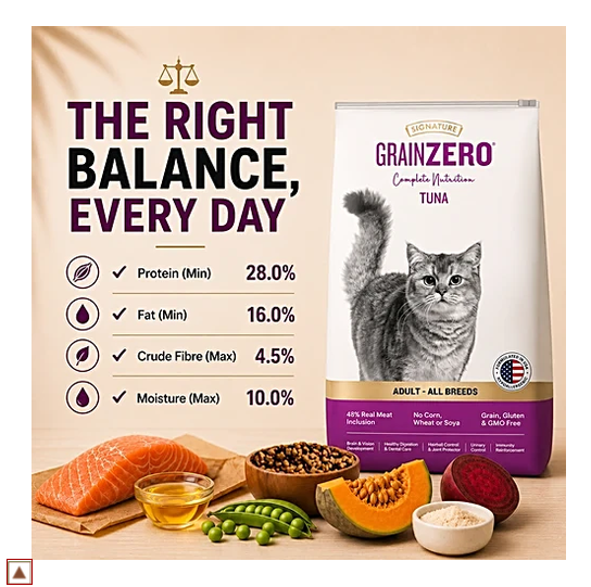 Signature Grain Zero Tuna Adult Dry Cat Food - For All Breeds, 1.2 kg (Free Crab Creamy Lickable Treats, 75 g)