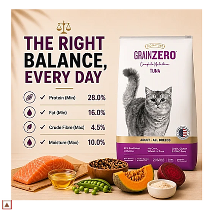 Signature Grain Zero Tuna Adult Dry Cat Food - For All Breeds, 1.2 kg (Free Crab Creamy Lickable Treats, 75 g)