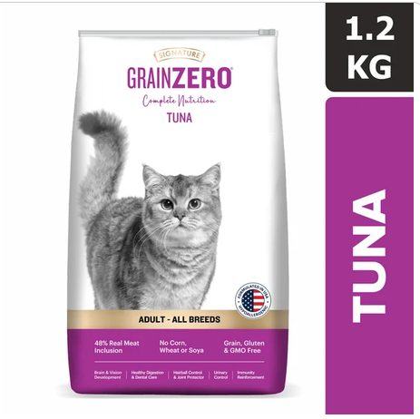 Signature Grain Zero Tuna Adult Dry Cat Food - For All Breeds, 1.2 kg (Free Crab Creamy Lickable Treats, 75 g)