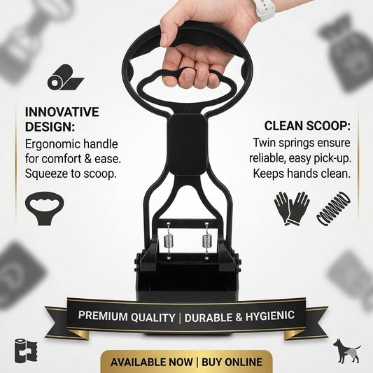 Pinky Paws  Medium Poop Scooper with Long Handle, Spring-Loaded Dog Waste Jaw Picker for Lawn, Yard and Pavement Cleaning